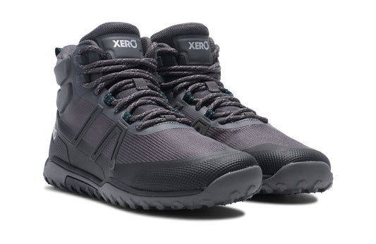 Xero Shoes Canada, specifically barefoot hiking shoes Canada. These minimalist shoes have flexible soles, wide toe boxes, and zero drop. Top view of Xero Men's Scambler Trail Mid in Asphalt/Black, a lightweight hiking boot