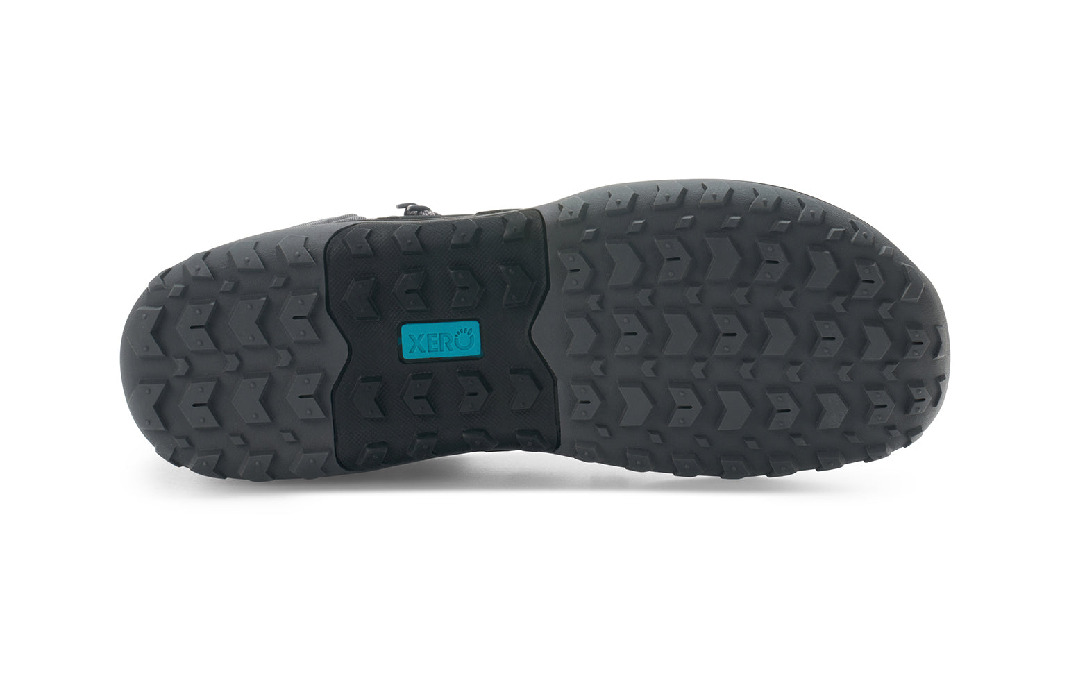 Xero Shoes Canada, specifically barefoot hiking shoes Canada. These minimalist shoes have flexible soles, wide toe boxes, and zero drop. Sole view of Xero Men's Scambler Trail Mid in Asphalt/Black, a lightweight hiking boot