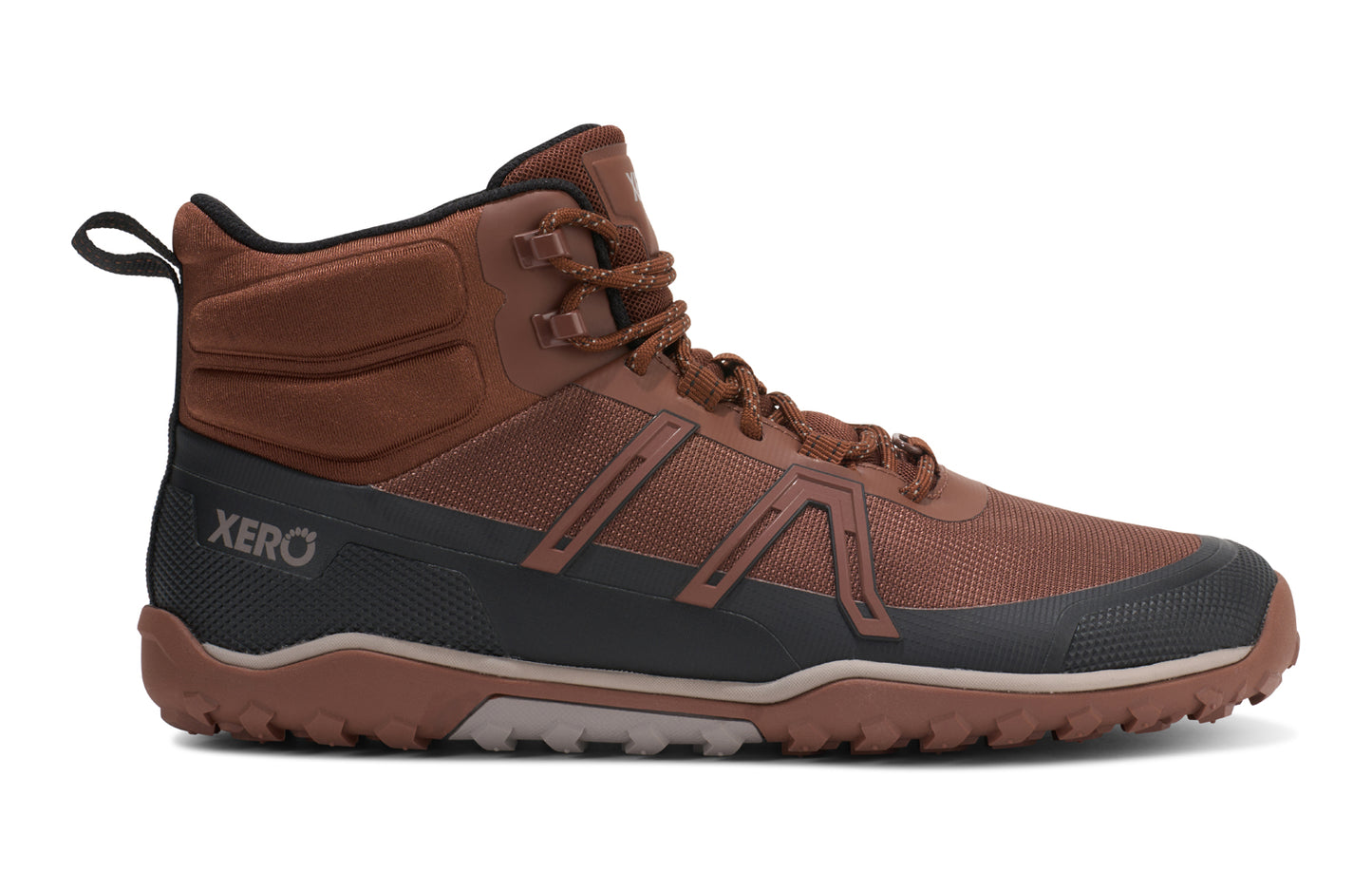 Xero Shoes Canada, specifically barefoot hiking shoes Canada. These minimalist shoes have flexible soles, wide toe boxes, and zero drop. Side view of Xero Men's Scambler Trail Mid in Cappuccino Black, a lightweight hiking boot