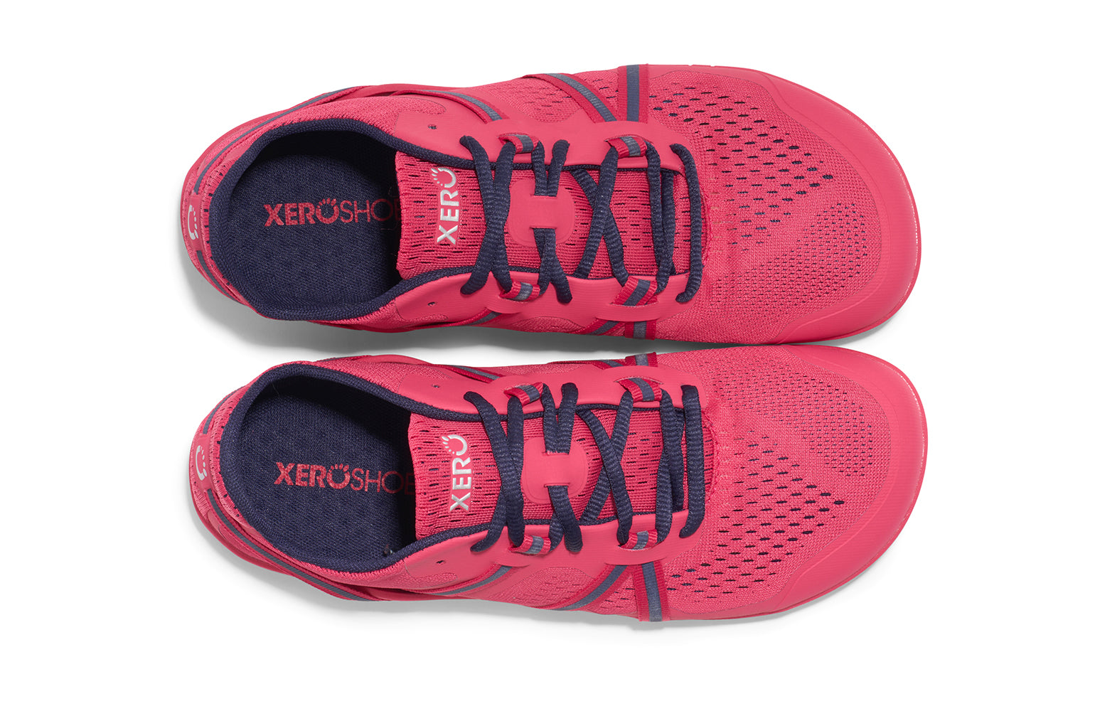 Xero Shoes Canada, specifically barefoot running shoes Canada. These minimalist shoes have flexible soles, wide toe boxes, and zero drop. Top view of Xero Women's Speed Force II in Raspberry/Evening Blue. Running and speed training shoe.