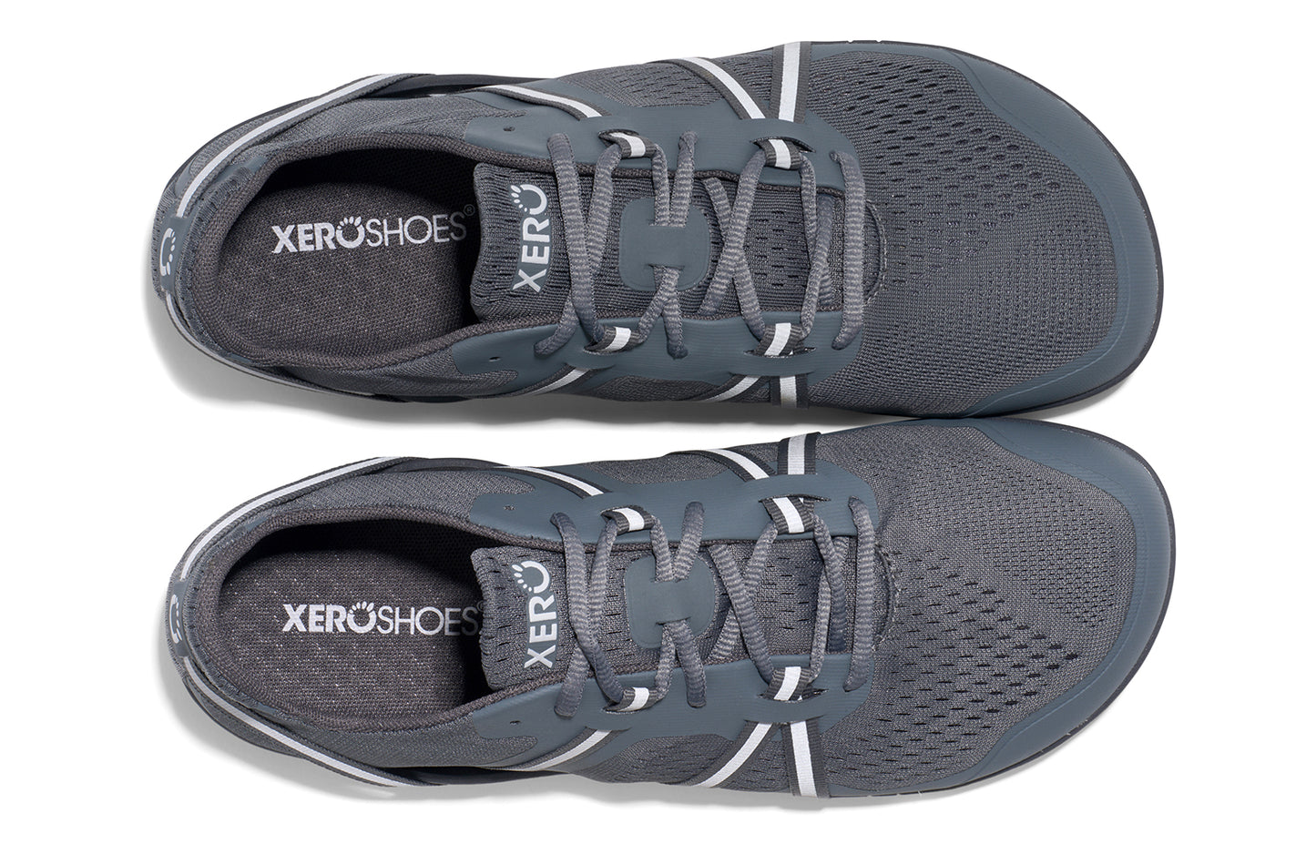 Xero Shoes Canada, specifically barefoot running shoes Canada. These minimalist shoes have flexible soles, wide toe boxes, and zero drop. Top pair view of Xero Men's Speed Force II in Steel Gray/Silver. Running and speed training shoe.