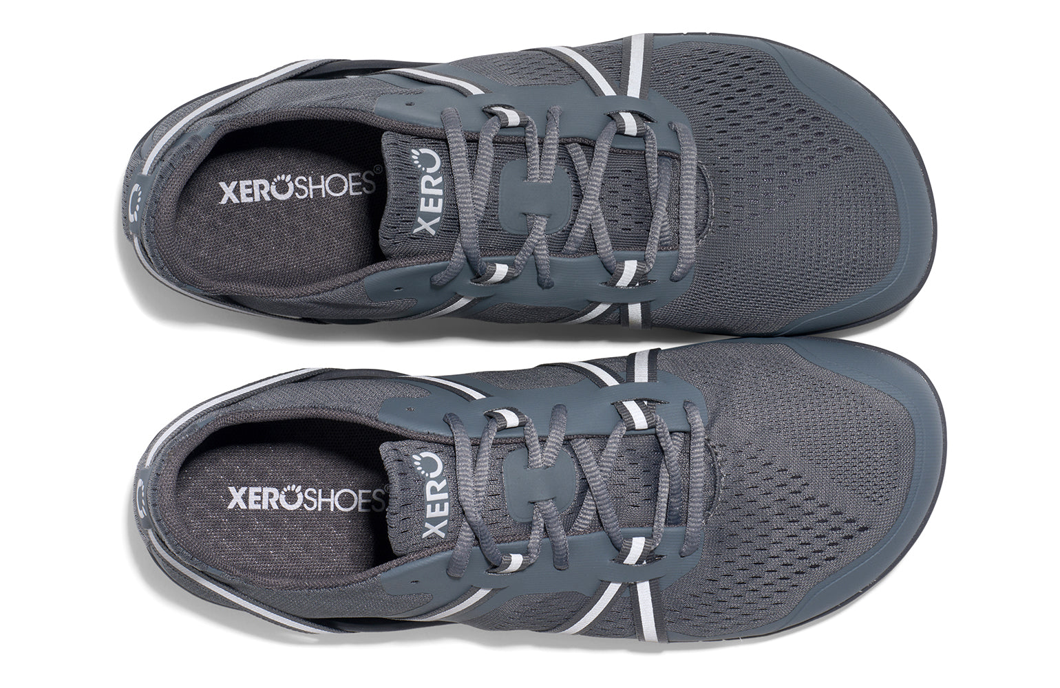 Xero Shoes Canada, specifically barefoot running shoes Canada. These minimalist shoes have flexible soles, wide toe boxes, and zero drop. Top pair view of Xero Men's Speed Force II in Steel Gray/Silver. Running and speed training shoe.