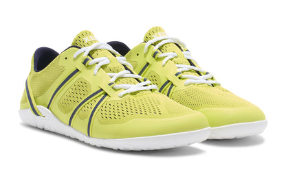 Xero Shoes Canada, specifically barefoot running shoes Canada. These minimalist shoes have flexible soles, wide toe boxes, and zero drop. Pair view of Xero Men's Speed Force II in Sunny Lime/Evening Blue. Running and speed training shoe.