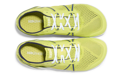 Xero Shoes Canada, specifically barefoot running shoes Canada. These minimalist shoes have flexible soles, wide toe boxes, and zero drop. Top view of Xero Men's Speed Force II in Sunny Lime/Evening Blue. Running and speed training shoe.
