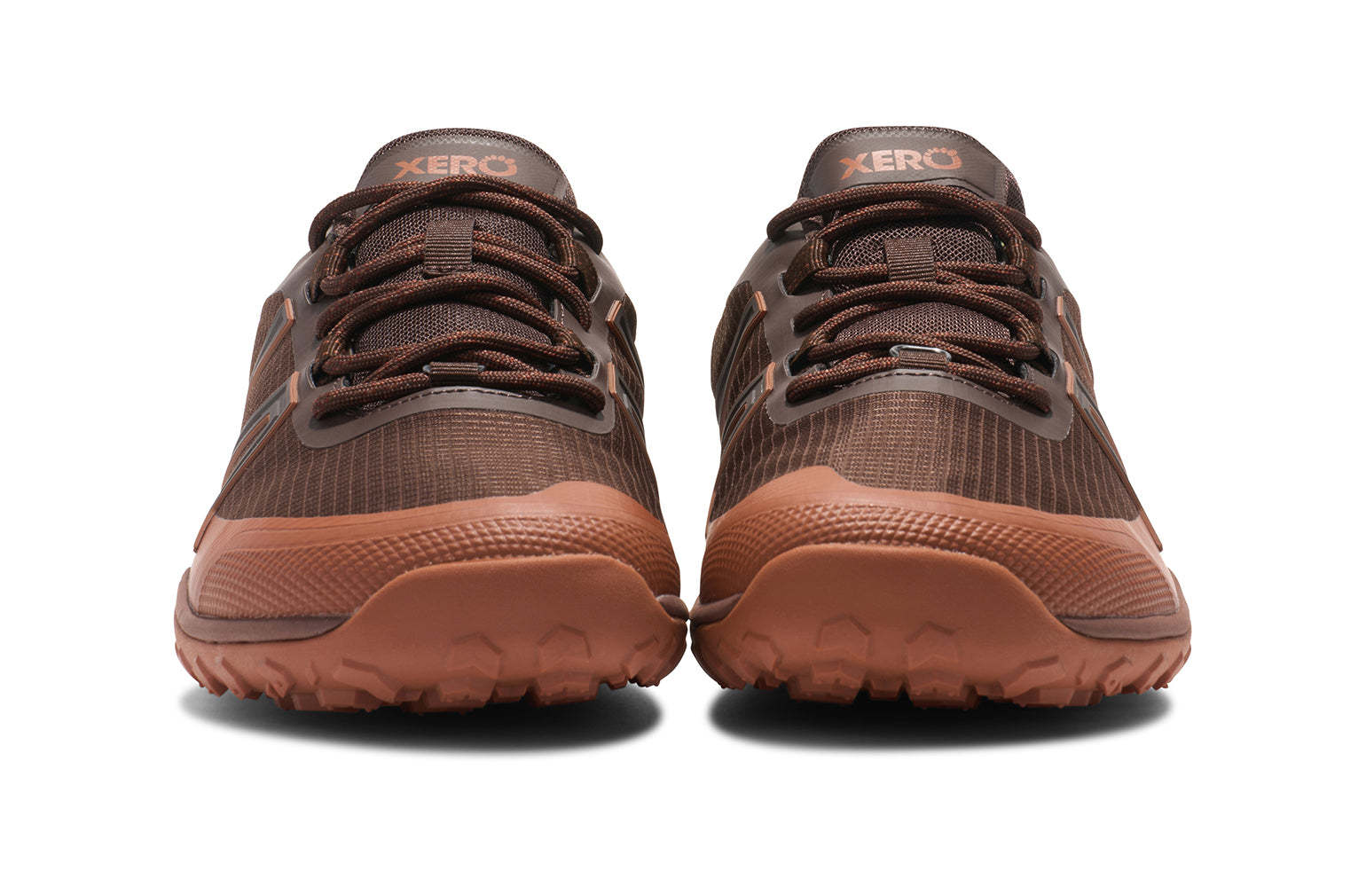 Xero Barefoot Shoes sold in Ontario, Canada. These minimalist shoes have flexible soles, wide toe boxes, and zero drop. Angled view of Xero Men's Scrambler Trail Low WP in Java Brown/Mocha Bisque, a sturdy hiking shoe