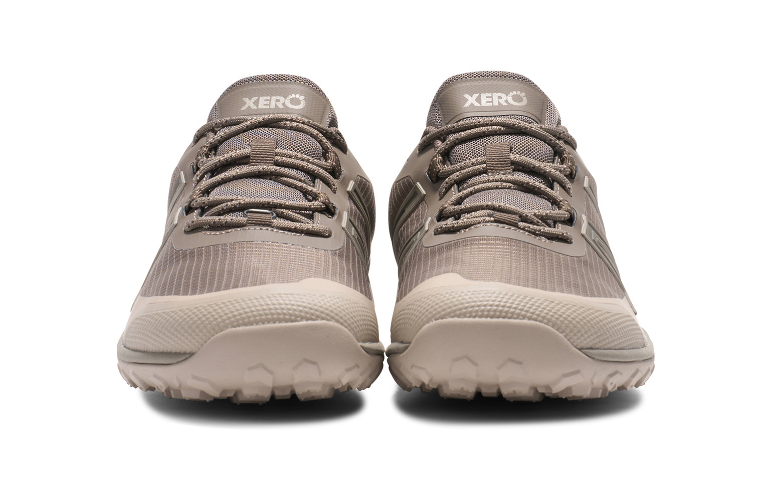 Xero Barefoot Shoes sold in Ontario, Canada. These minimalist shoes have flexible soles, wide toe boxes, and zero drop. Front view of Xero Men's Scrambler Trail Low WP in Morel/Pure Cashmere, a sturdy hiking shoe