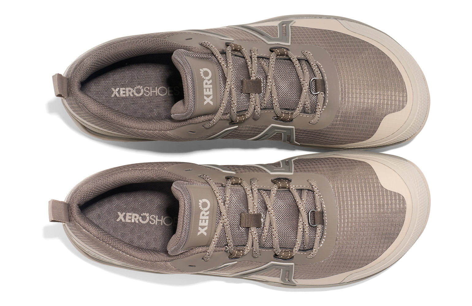 Xero Barefoot Shoes sold in Ontario, Canada. These minimalist shoes have flexible soles, wide toe boxes, and zero drop. Top view of Xero Men's Scrambler Trail Low WP in Morel/Pure Cashmere, a sturdy hiking shoe