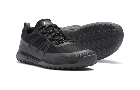 Xero Barefoot Shoes sold in Ontario, Canada. These minimalist shoes have flexible soles, wide toe boxes, and zero drop. Side and sole view of Xero Women's Scrambler Trail Low WP in Black/Asphalt - a sturdy hiking shoe