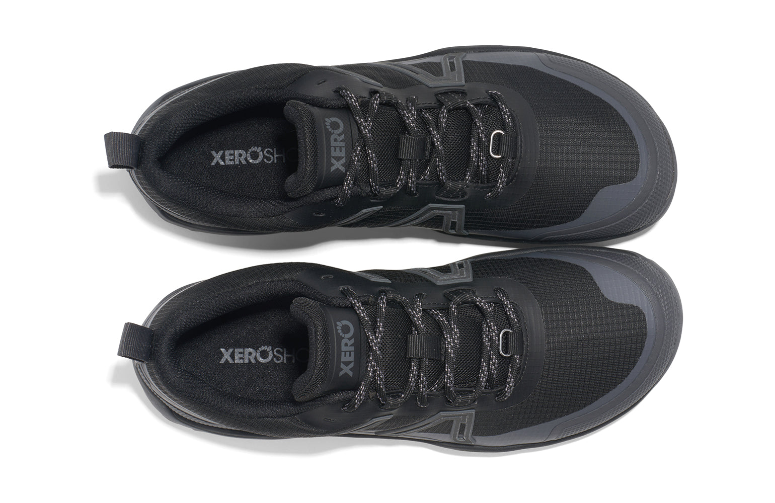 Xero Barefoot Shoes sold in Ontario, Canada. These minimalist shoes have flexible soles, wide toe boxes, and zero drop. Top view of Xero Women's Scrambler Trail Low WP in Black/Asphalt - a sturdy hiking shoe