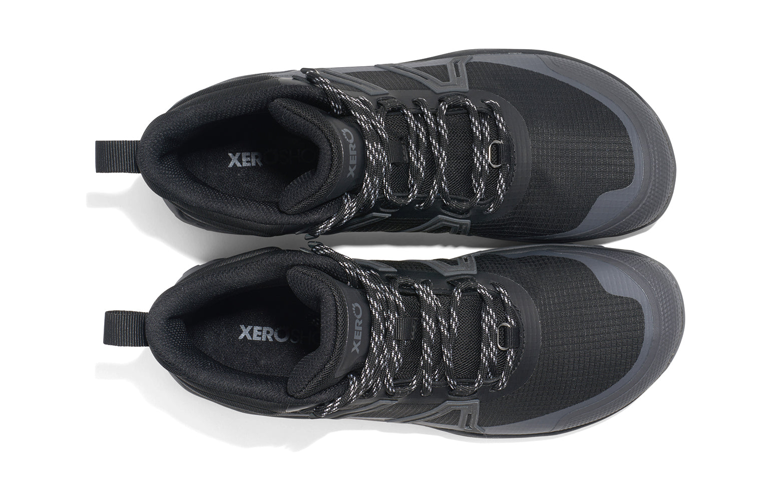 Xero Barefoot Shoes sold in Ontario, Canada. These minimalist shoes have flexible soles, wide toe boxes, and zero drop. Top view of Xero Women's Scrambler Trail Mid WP in Black/Asphalt - a sturdy hiking boot