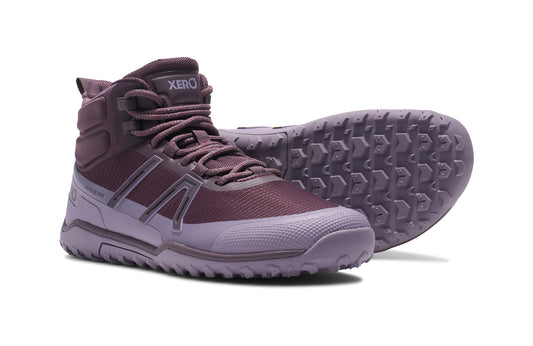 Xero Barefoot Shoes sold in Ontario, Canada. These minimalist shoes have flexible soles, wide toe boxes, and zero drop. Side and sole view of Xero Women's Scrambler Trail Mid WP in Plum Perfect/Sage Purple, a sturdy hiking boot