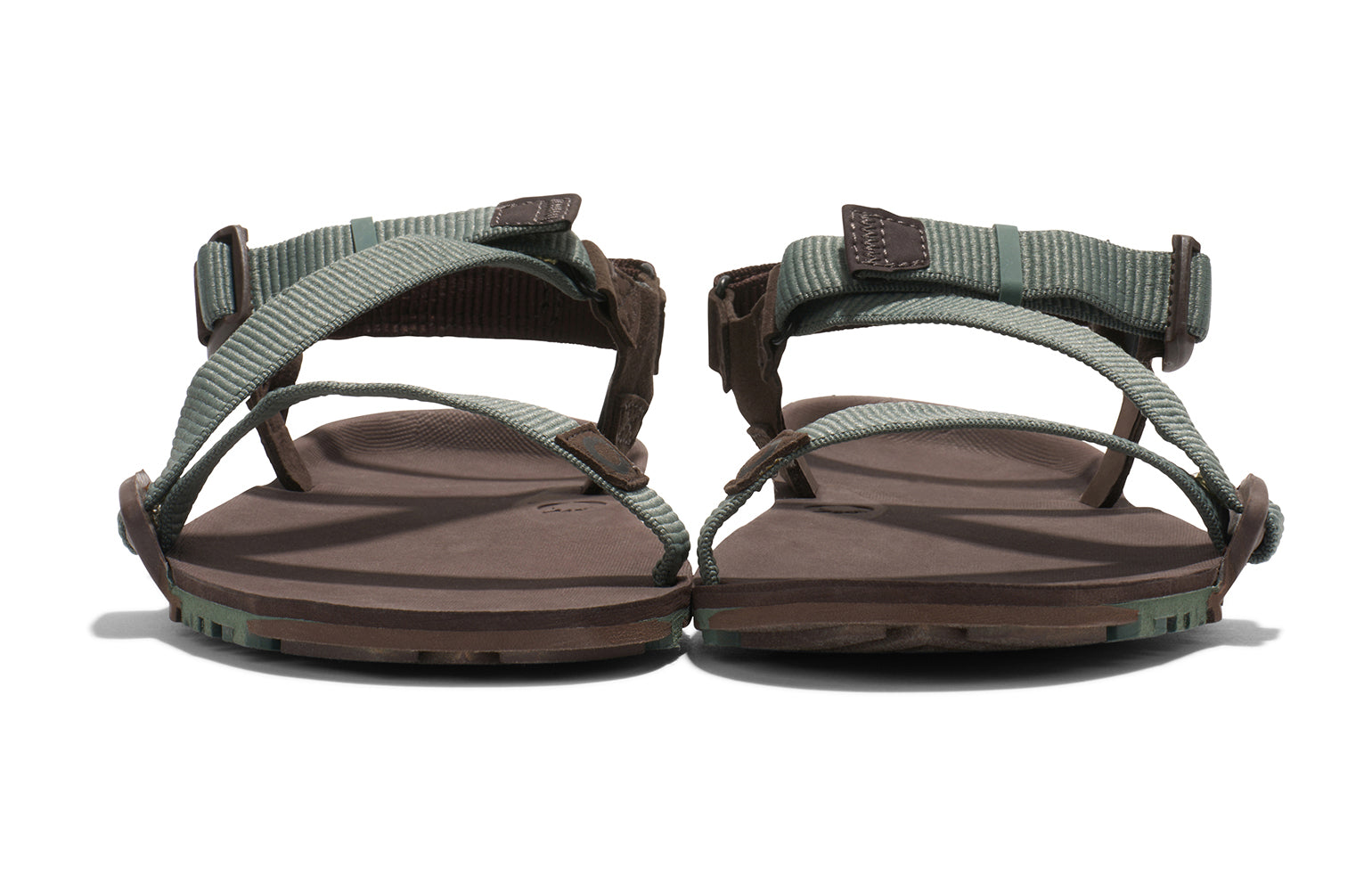 Xero Barefoot Shoes sold in Ontario, Canada. These minimalist shoes have flexible soles, wide toe boxes, and zero drop. Front view of Xero Men's Z-Trail EV in Dark Forest/Java Brown. Trail hiking, running, and recovery sandal. 