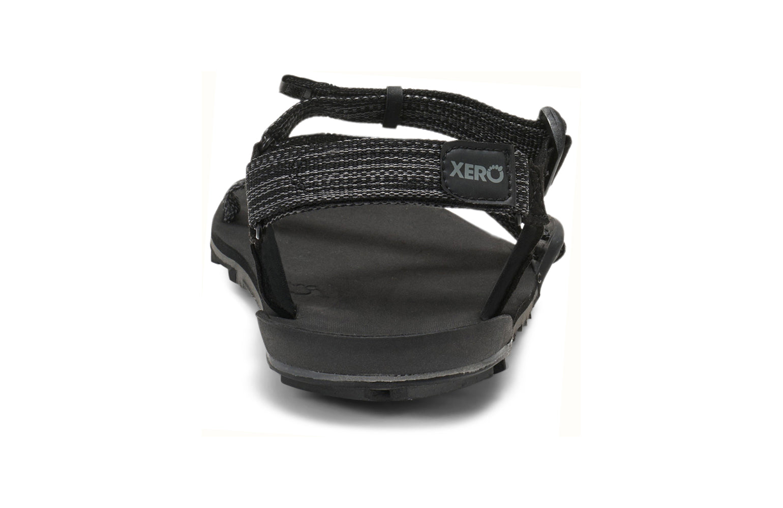 Xero Barefoot Shoes sold in Ontario, Canada. These minimalist shoes have flexible soles, wide toe boxes, and zero drop. Back view of Xero Men's Z-Trail EV in Multi-Black. Trail hiking, running, and recovery sandal. 