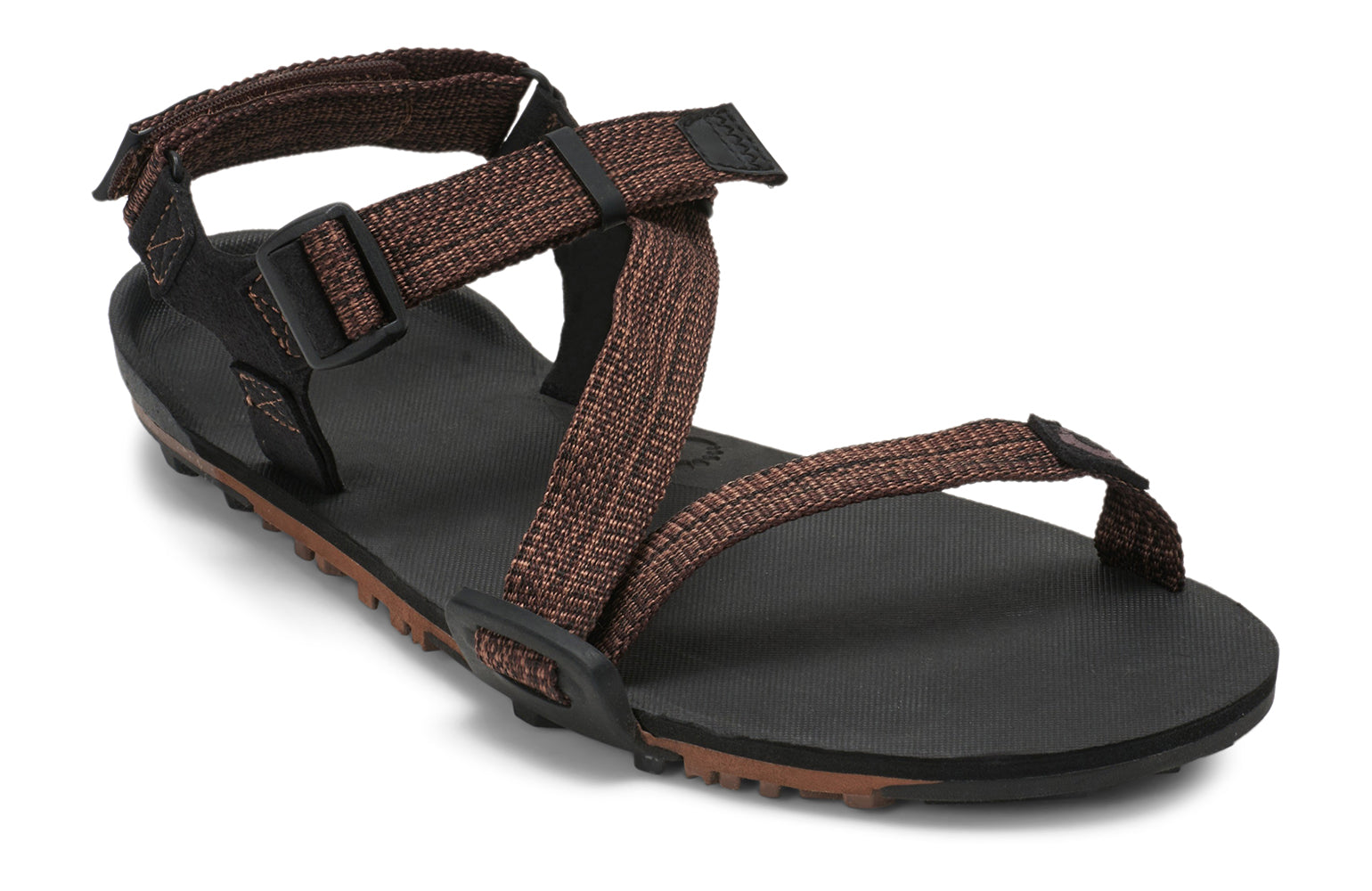 Xero Barefoot Shoes sold in Ontario, Canada. These minimalist shoes have flexible soles, wide toe boxes, and zero drop. Angled view of Xero Men's Z-Trail EV in Multi-Brown. Trail hiking, running, and recovery sandal. 