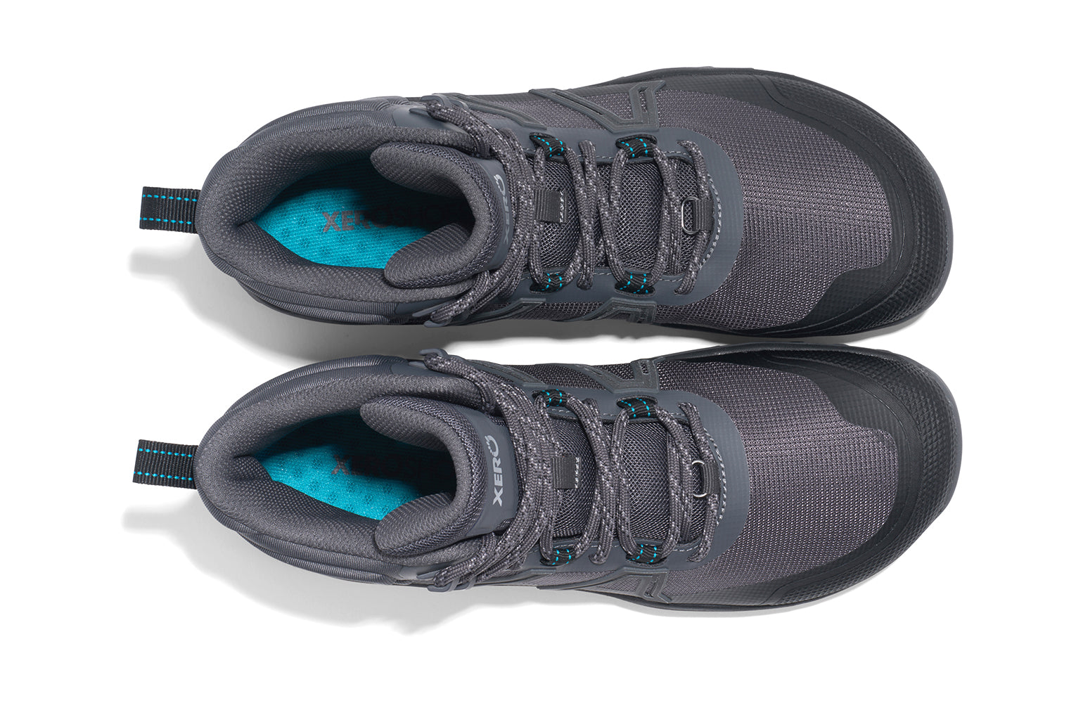 Xero Barefoot Shoes sold in Ontario, Canada. These minimalist shoes have flexible soles, wide toe boxes, and zero drop. Top view of Xero Women's Scambler Trail Mid in Asphalt/Black, a lightweight hiking boot