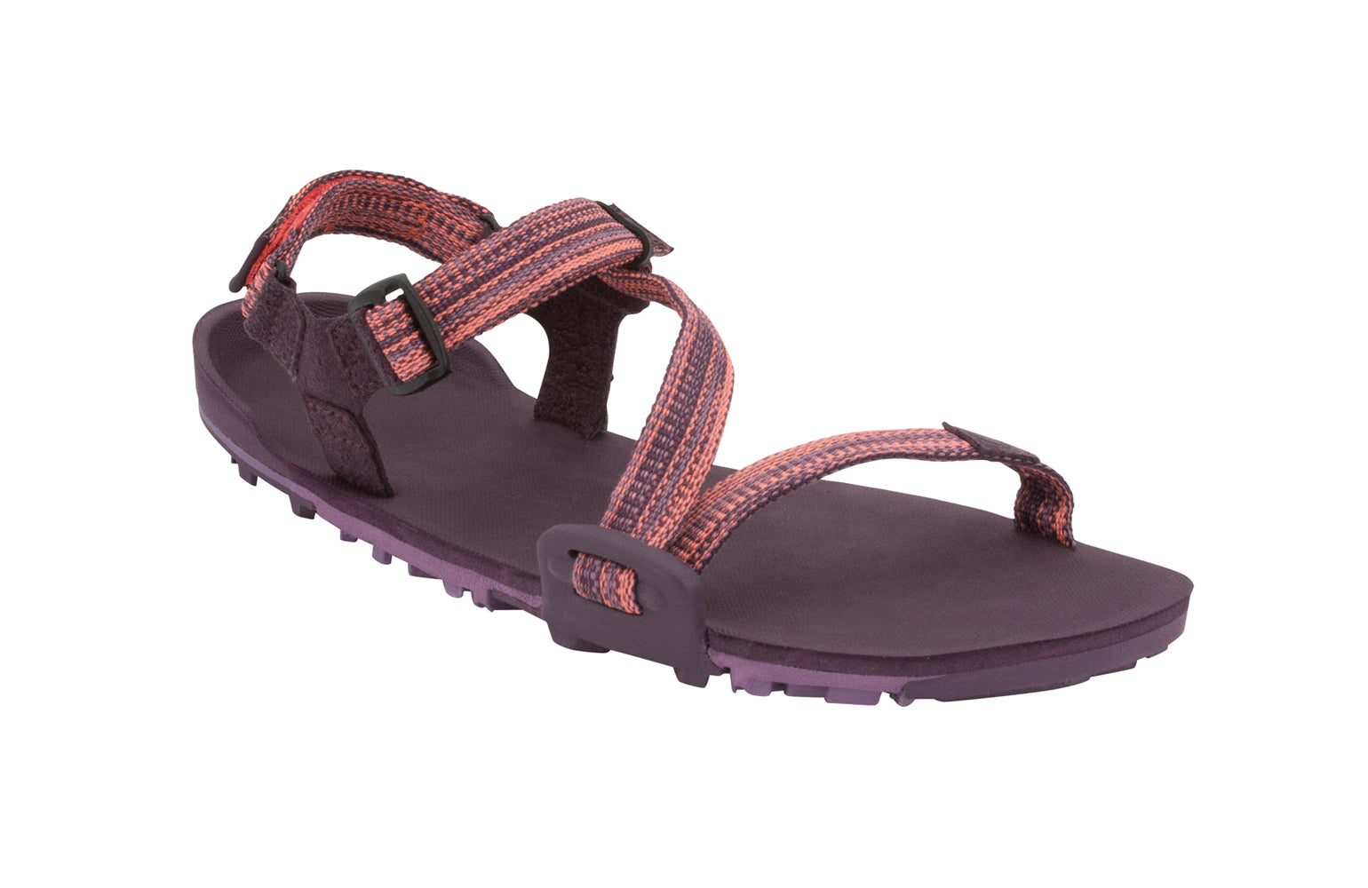 Xero Barefoot Shoes sold in Ontario, Canada. These minimalist shoes have flexible soles, wide toe boxes, and zero drop. Angled view of Xero Women's Z-Trail EV in Magenta. Trail hiking, running, and recovery sandal. 