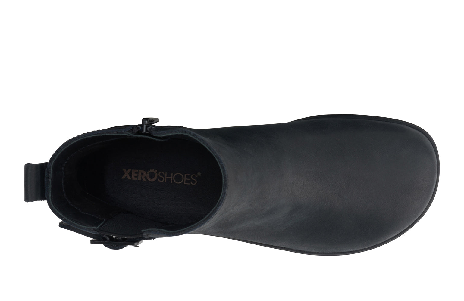 Xero Shoes Canada, specifically women’s barefoot shoes Canada. These minimalist shoes have flexible soles, wide toe boxes, and zero drop. Top view of Xero's Tari II in Black, a stylish leather boot