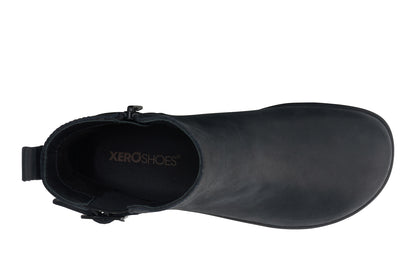 Xero Shoes Canada, specifically women’s barefoot shoes Canada. These minimalist shoes have flexible soles, wide toe boxes, and zero drop. Top view of Xero's Tari II in Black, a stylish leather boot