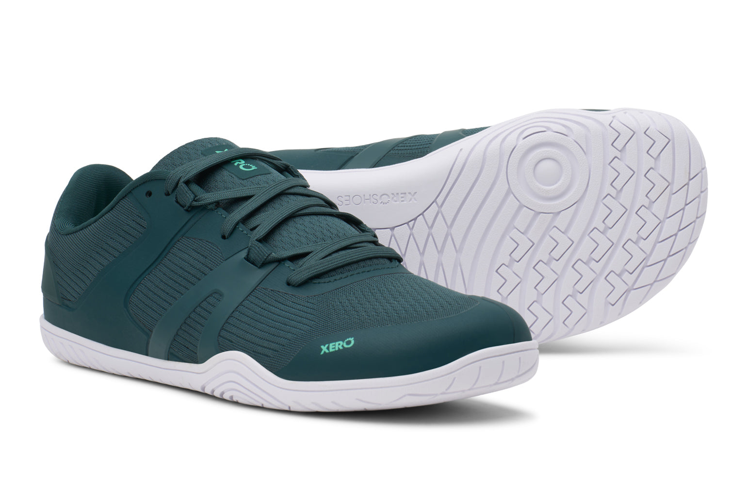 Teal athletic shoe with white sole on a white background.  Tru Stride Co brings Xero shoes to Canada