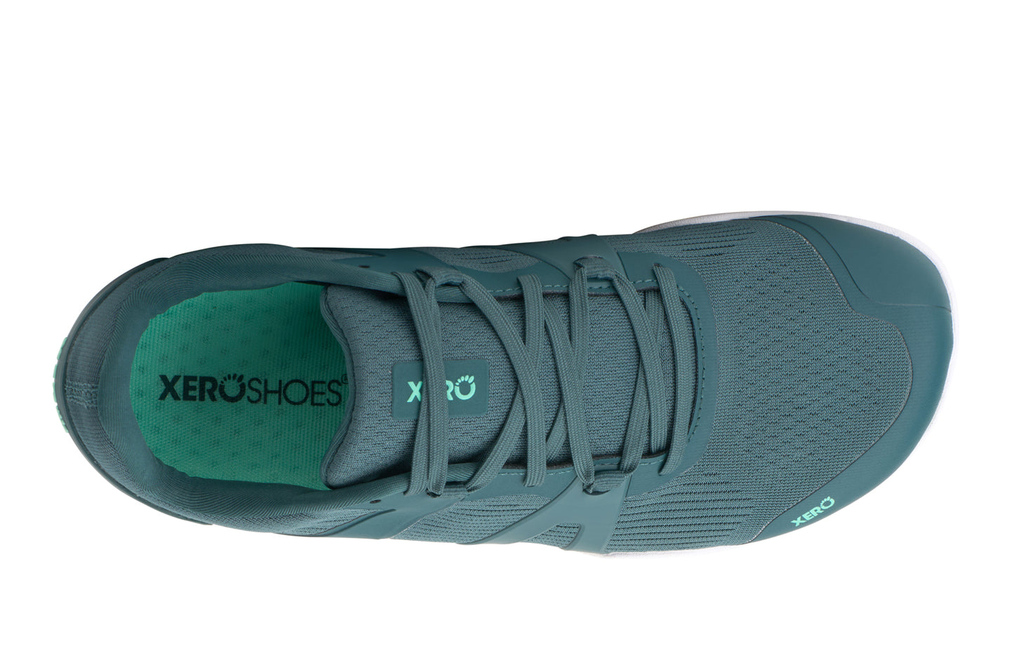 Teal running shoe with XeroShoes branding on a white background.  Tru Stride Co brings Xero shoes to Canada