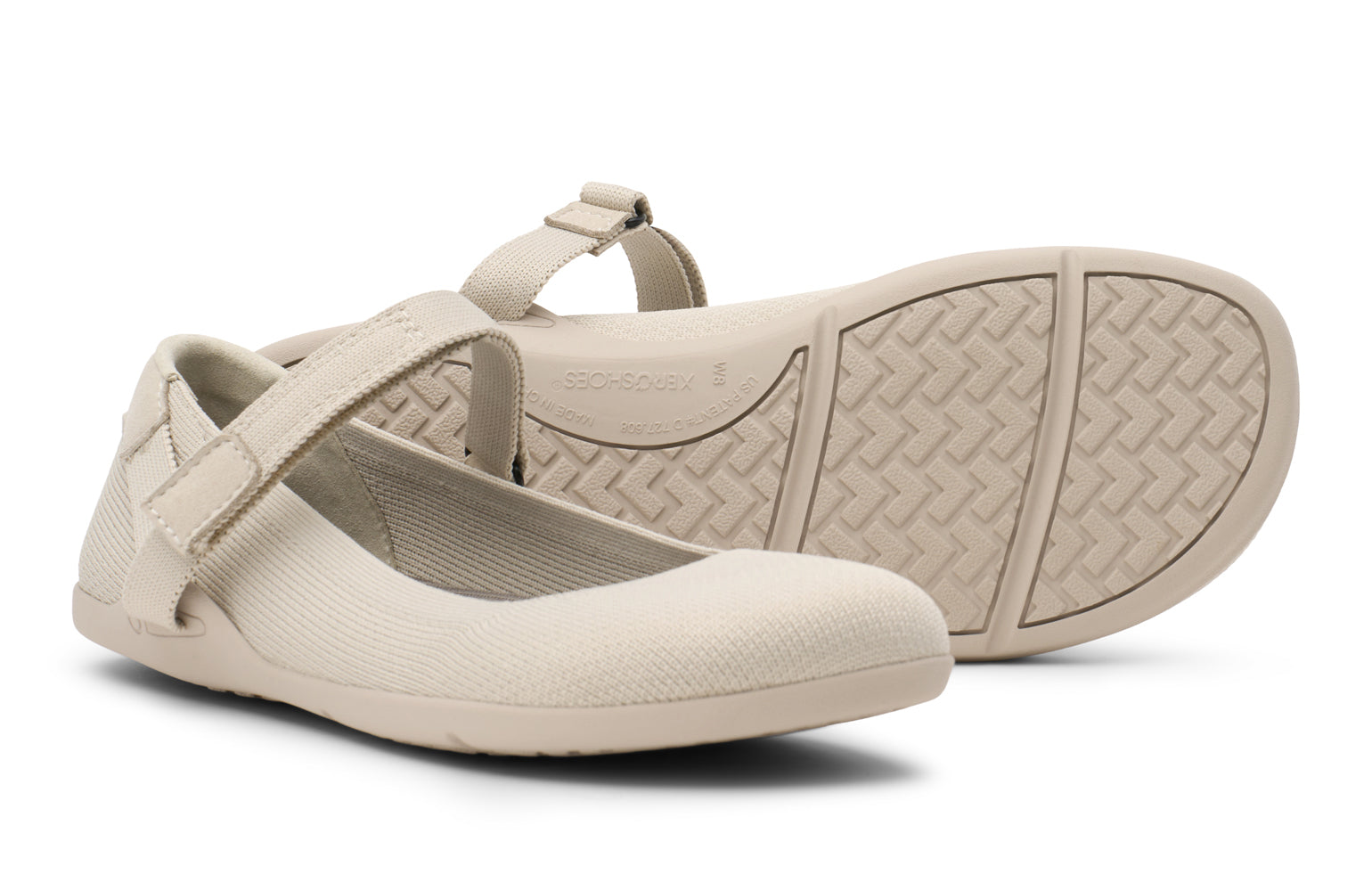 Beige Mary Jane shoes with a strap on a white background. Tru Stride Co brings Xero Shoes to Canada