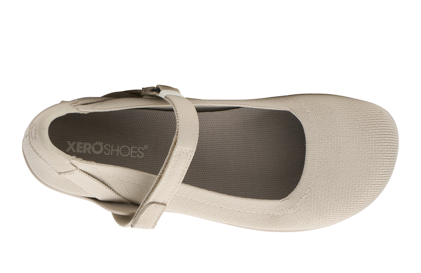 Beige flat with XeroShoes logo on a white background.  Tru Stride Co brings Xero Shoes to Canada