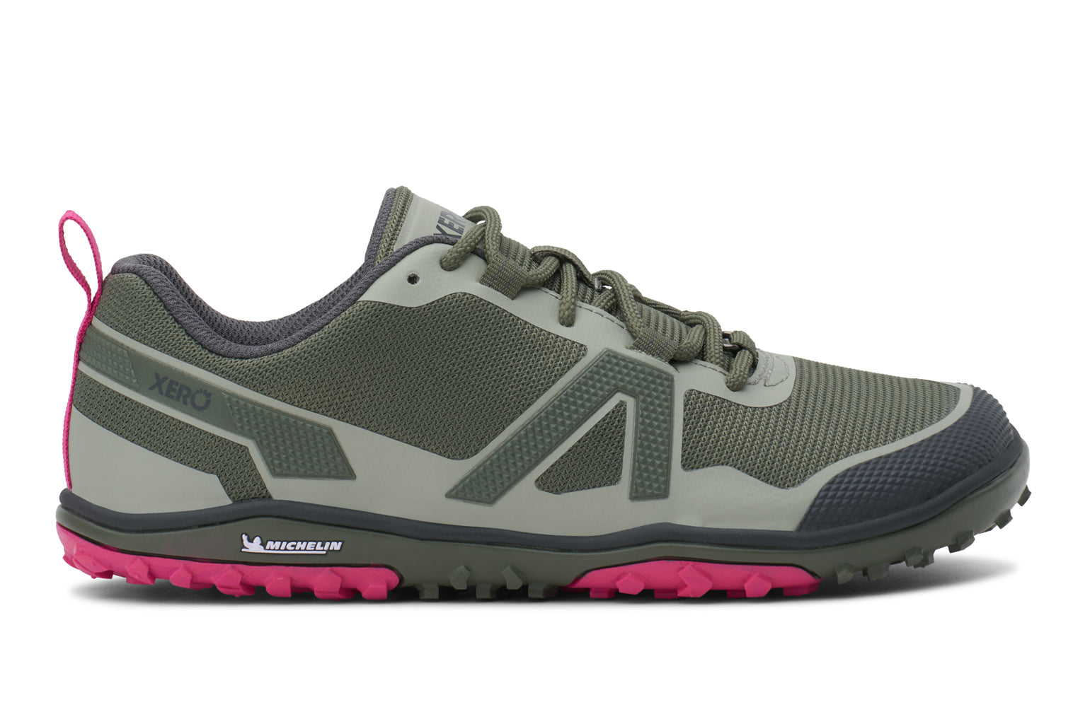 Army green and pink hiking shoe on a white background.  Tru Stride Co brings Xero Shoes to Canada