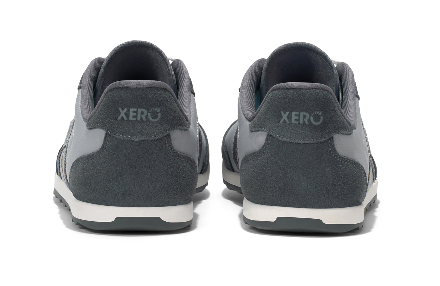 Xero Barefoot Shoes sold in Ontario, Canada. These minimalist shoes have flexible soles, wide toe boxes, and zero drop. Back view of Xero Men's Wynn in Alloy/Steel Gray, a casual sneaker