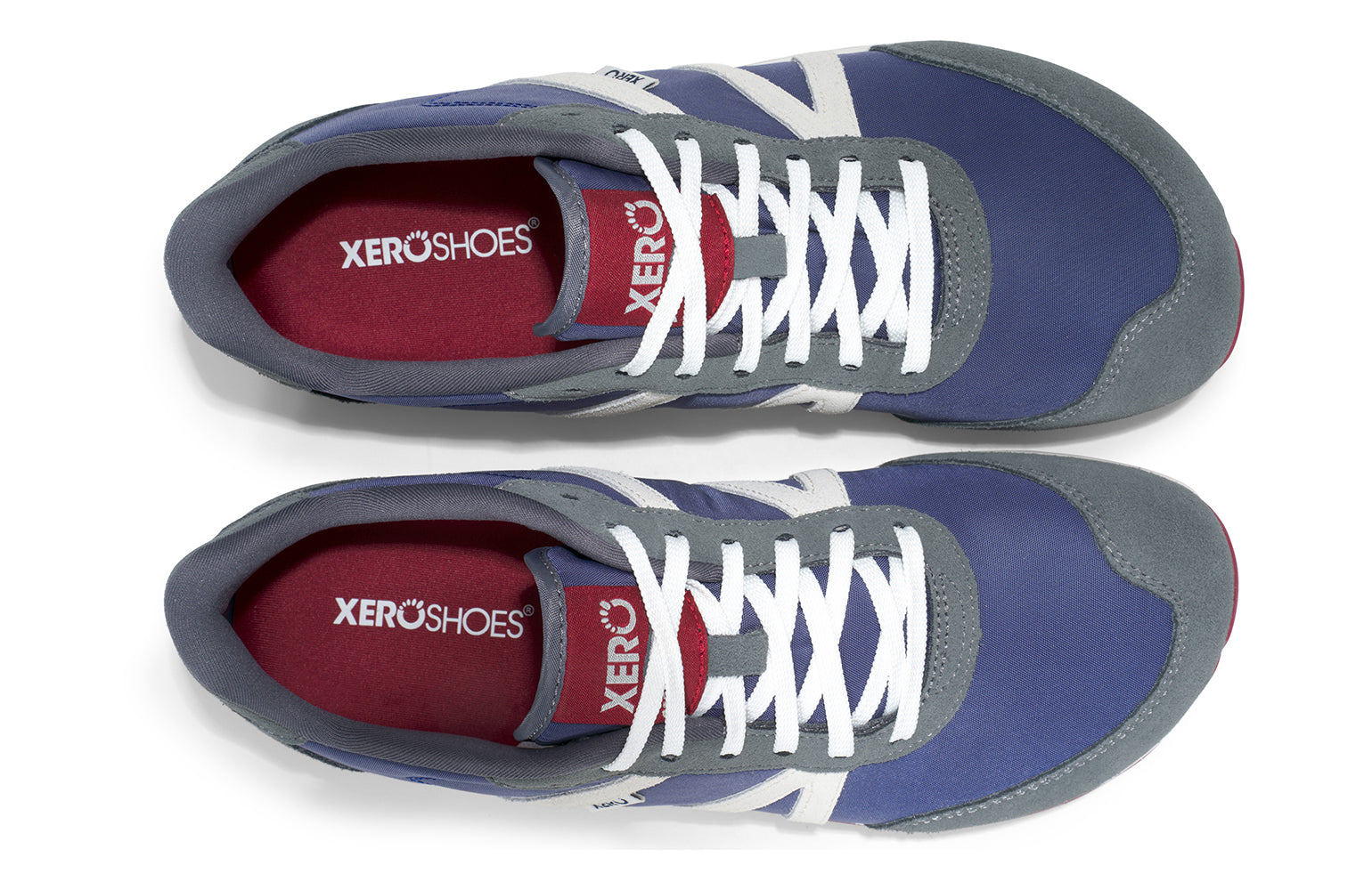 Xero Barefoot Shoes sold in Ontario, Canada. These minimalist shoes have flexible soles, wide toe boxes, and zero drop. Top view of Xero Men's Wynn in Blue Gray Red, a casual sneaker