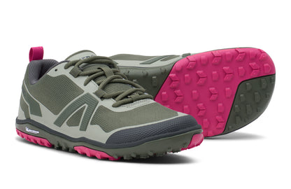 Army green and pink athletic shoes on a white background.  Tru Stride Co brings Xero Shoes to Canada