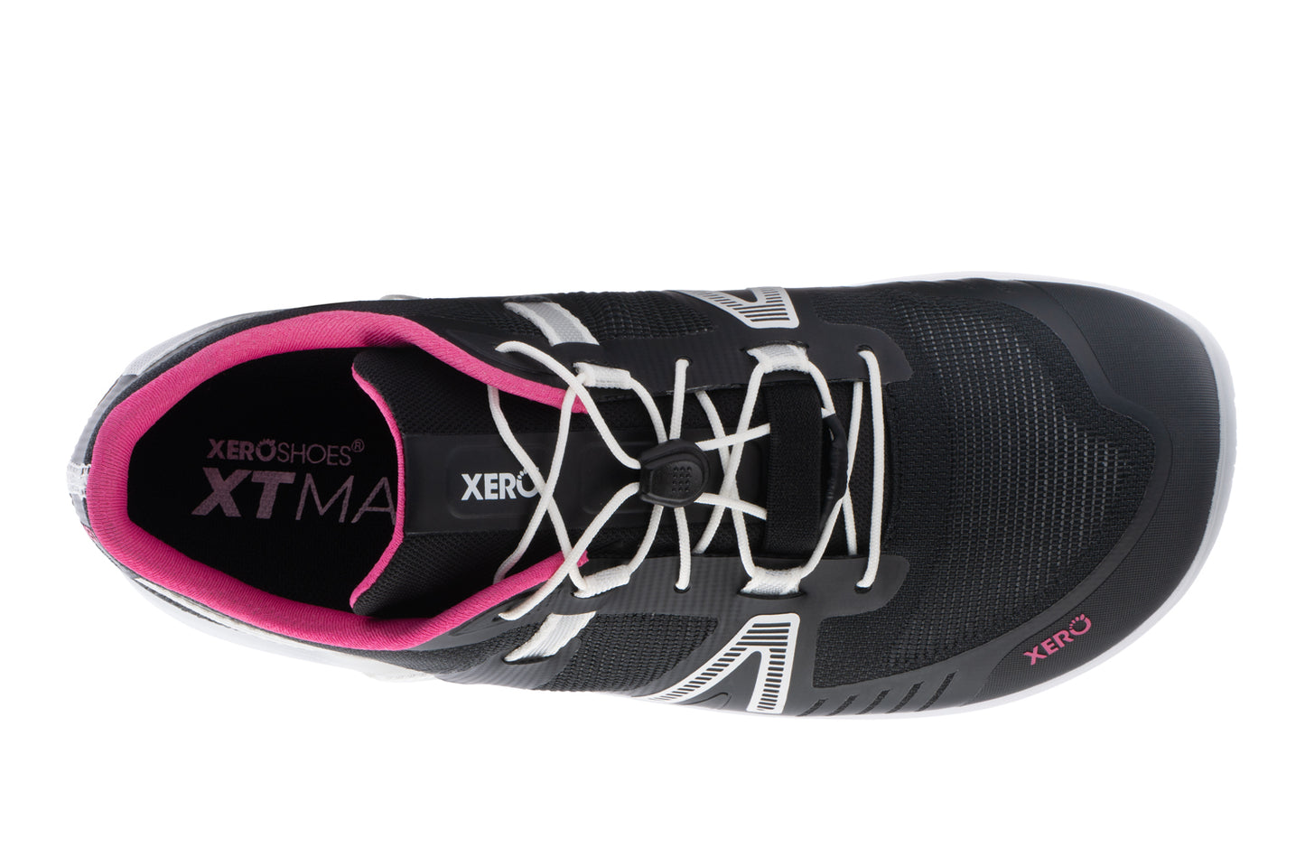 Black and pink running shoe with 'Xero' branding on a white background. Tru Stride Co brings Xero Shoes to Canada