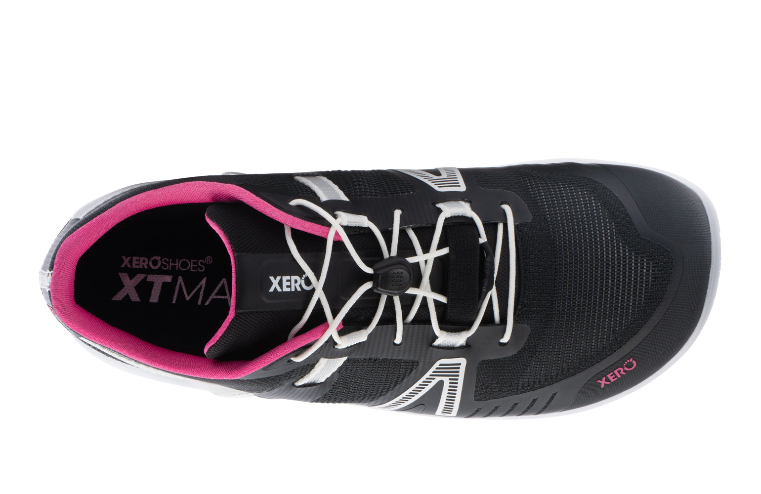 Black and pink running shoe with 'Xero' branding on a white background. Tru Stride Co brings Xero Shoes to Canada