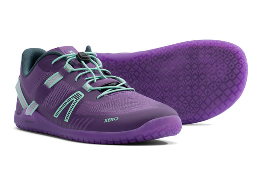 Purple athletic shoe with green laces on a white background. Barefoot Shoes Canada