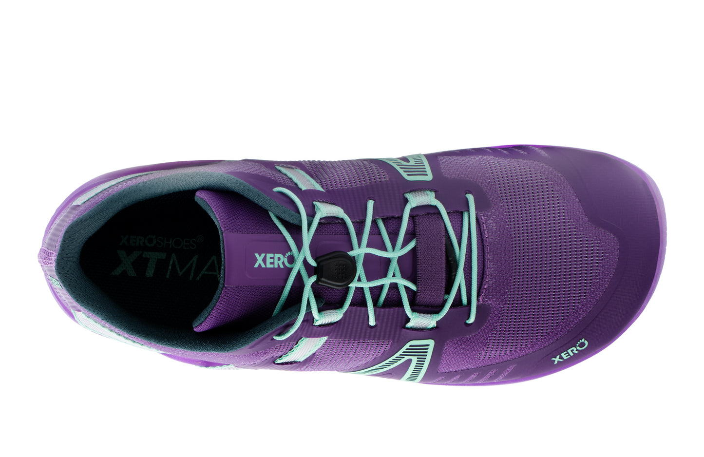 Purple athletic shoe with green accents on a white background. Tru Stride Co brings Xero Shoes to Canada