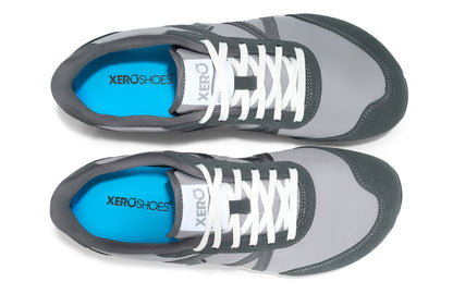 Xero Shoes Canada, specifically men’s barefoot shoes Canada. These minimalist shoes have flexible soles, wide toe boxes, and zero drop. Top view of Xero Men's Wynn in Alloy/Steel Gray, a casual sneaker