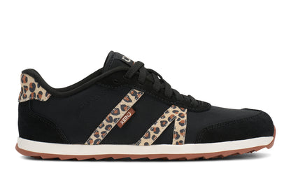 Xero Shoes Canada, specifically women’s barefoot shoes Canada. These minimalist shoes have flexible soles, wide toe boxes, and zero drop. Side view of Xero's Wynn in Black/Leopard, a casual sneaker