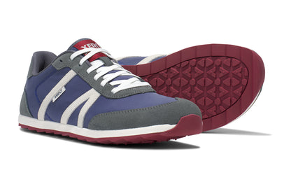 Xero Shoes Canada, specifically men’s barefoot shoes Canada. These minimalist shoes have flexible soles, wide toe boxes, and zero drop. Pair view of Xero Men's Wynn in Blue Gray Red, a casual sneaker
