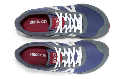 Xero Shoes Canada, specifically men’s barefoot shoes Canada. These minimalist shoes have flexible soles, wide toe boxes, and zero drop. Top view of Xero Men's Wynn in Blue Gray Red, a casual sneaker