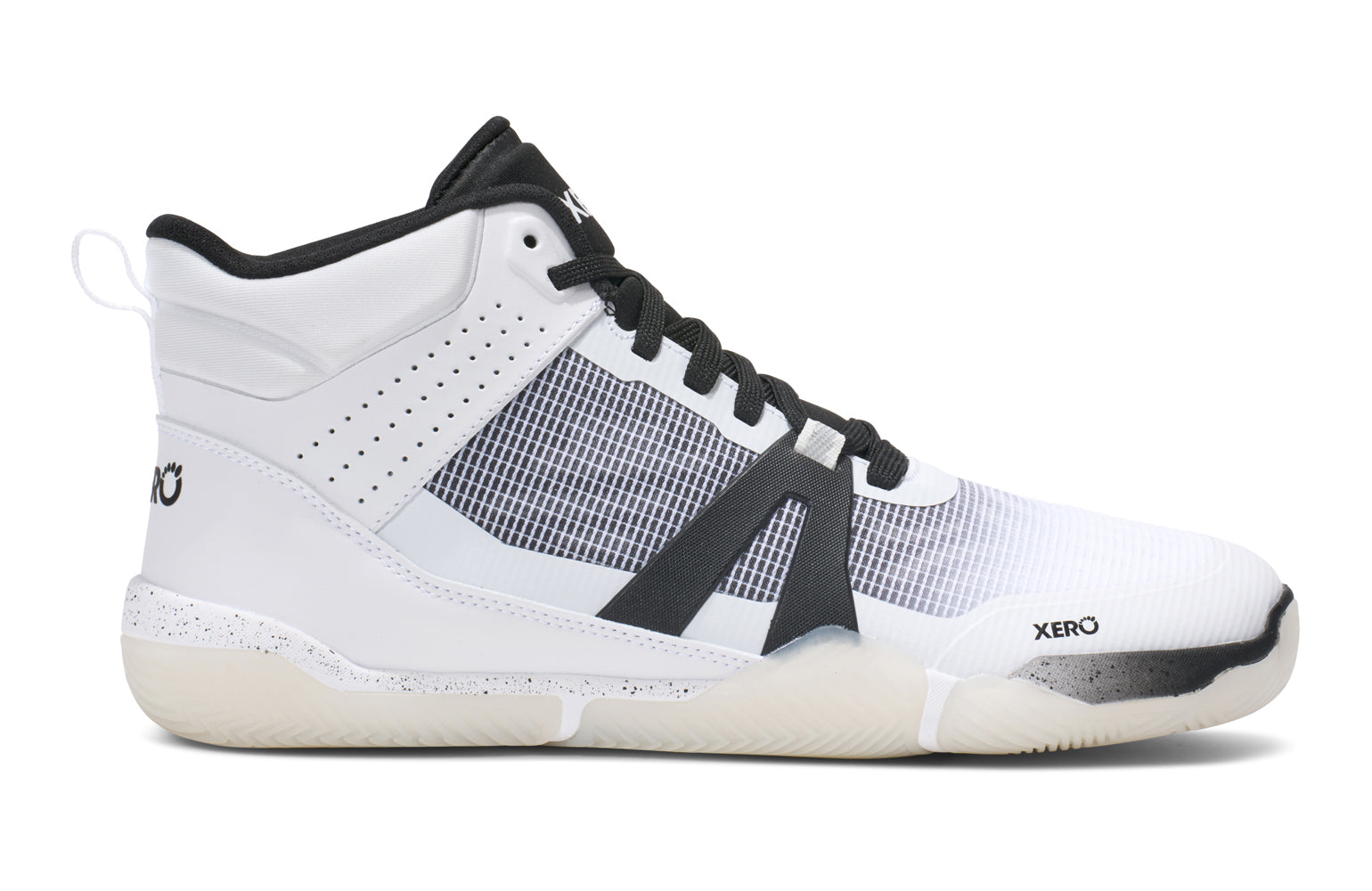 White and black basketball shoe with Xero branding on a white background. Tru Stride Co brings Xero Shoes to Canada
