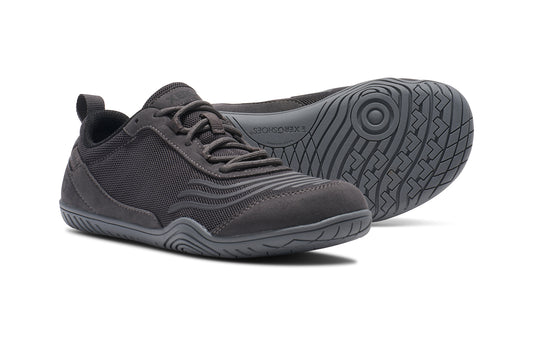 Xero Shoes Canada, specifically barefoot running shoes Canada. These minimalist shoes have flexible soles, wide toe boxes, and zero drop. Top view of Xero Women's 360s in Asphalt/Gray. A cross-training shoe. 