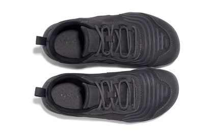 Xero Shoes Canada, specifically barefoot running shoes Canada. These minimalist shoes have flexible soles, wide toe boxes, and zero drop. Top view of Xero Women's 360s in Asphalt/Gray. A cross-training shoe. 