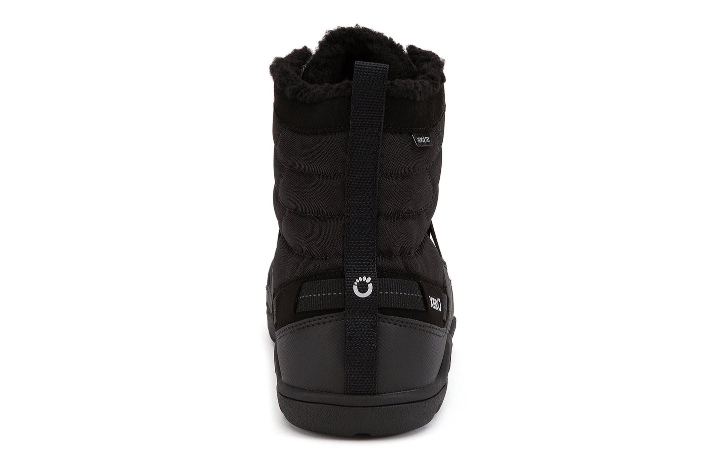 Xero Shoes Canada, specifically men’s barefoot shoes Canada. These minimalist shoes have flexible soles, wide toe boxes, and zero drop. Back view of Xero Men's Alpine in Black. Waterproof, lightweight snow boot. 