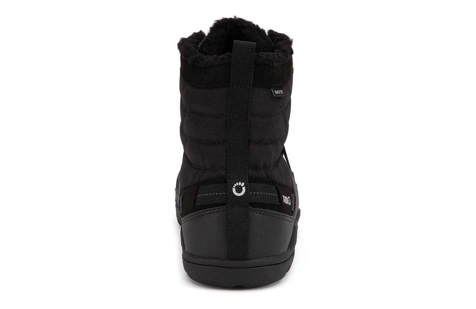 Xero Shoes Canada, specifically men’s barefoot shoes Canada. These minimalist shoes have flexible soles, wide toe boxes, and zero drop. Back view of Xero Men's Alpine in Black. Waterproof, lightweight snow boot. 