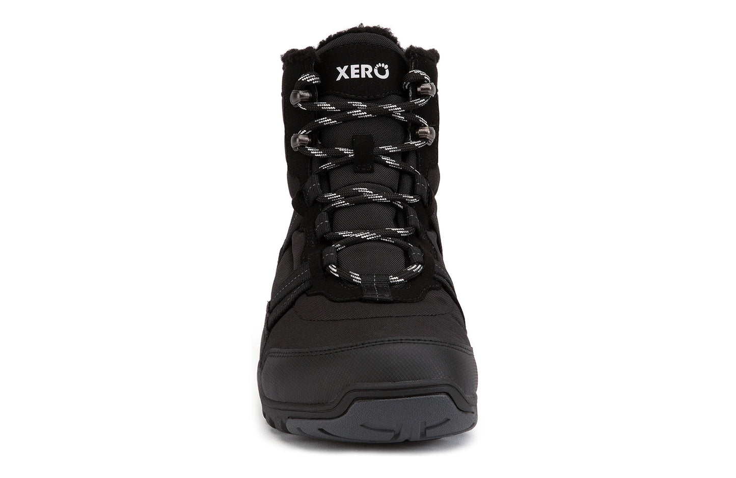Xero Shoes Canada, specifically men’s barefoot shoes Canada. These minimalist shoes have flexible soles, wide toe boxes, and zero drop. Front view of Xero Men's Alpine in Black. Waterproof, lightweight snow boot. 