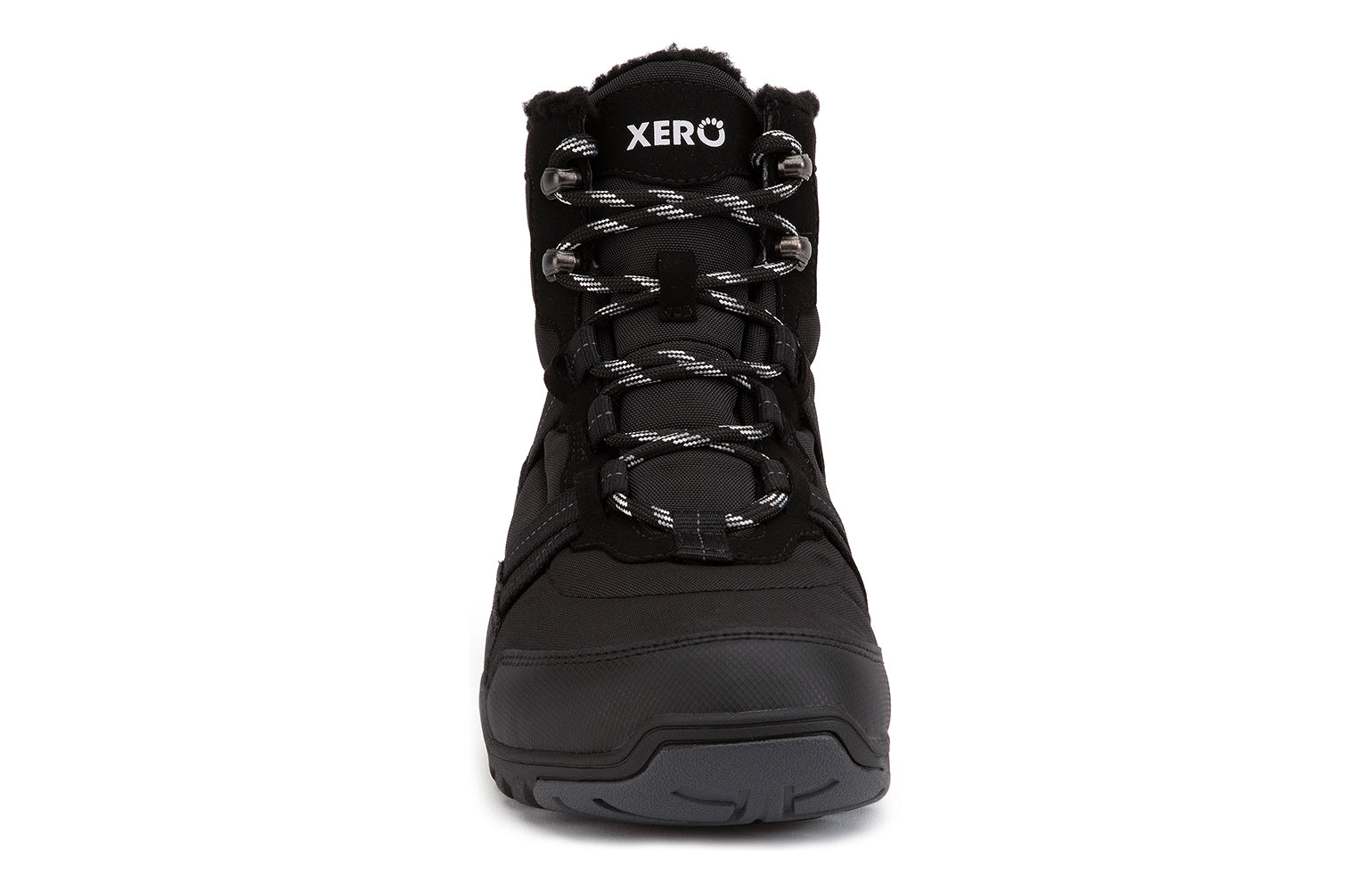 Xero Shoes Canada, specifically men’s barefoot shoes Canada. These minimalist shoes have flexible soles, wide toe boxes, and zero drop. Front view of Xero Men's Alpine in Black. Waterproof, lightweight snow boot. 