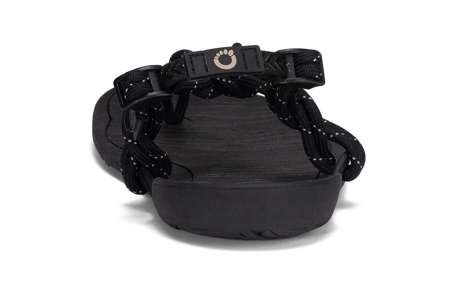 Xero Shoes Canada, specifically men’s barefoot shoes Canada. These minimalist shoes have flexible soles, wide toe boxes, and zero drop. Back view of Xero Men's Aqua Cloud in Black. Versatile water sport and hiking sandal. 