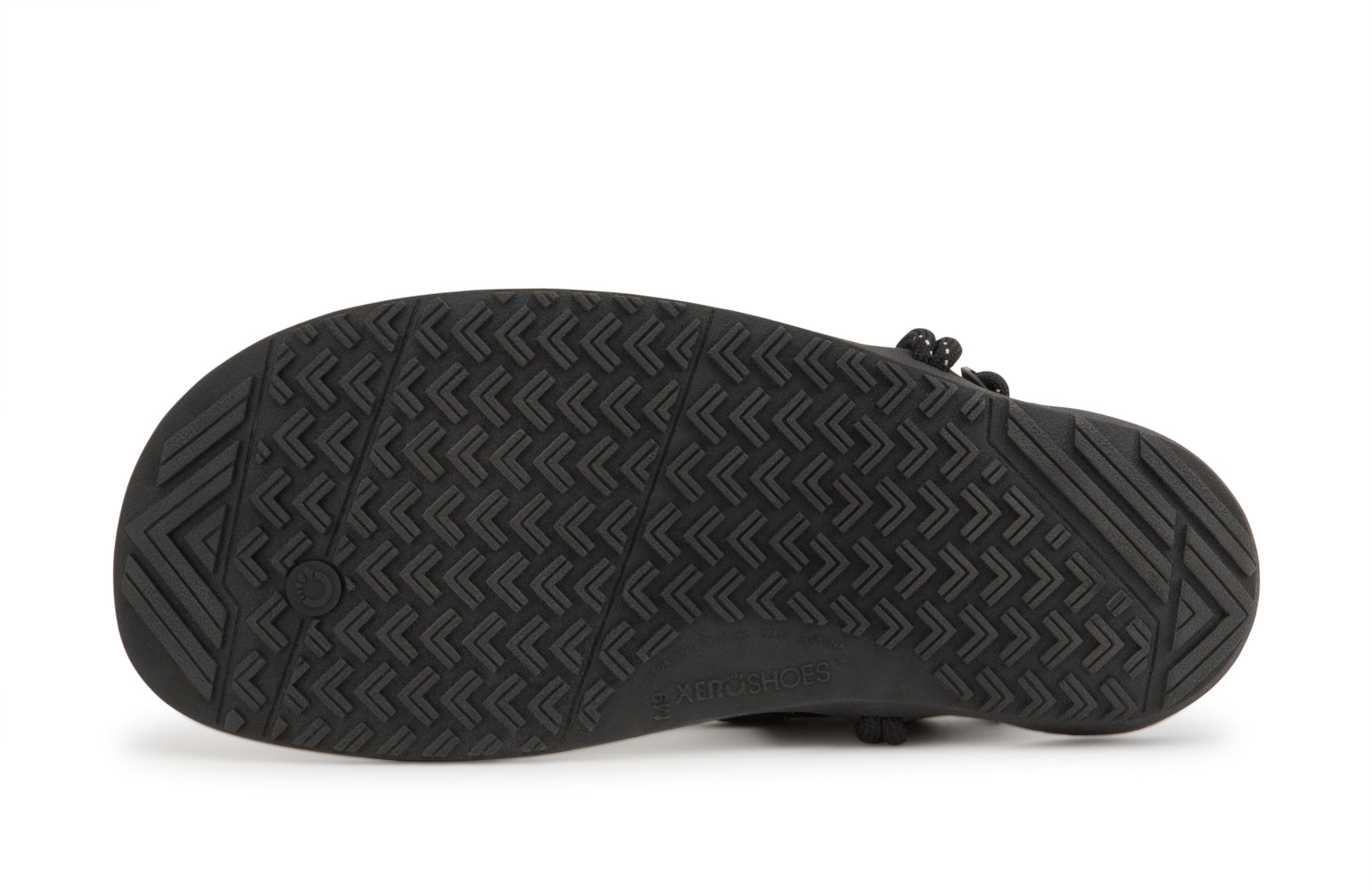 Xero Shoes Canada, specifically men’s barefoot shoes Canada. These minimalist shoes have flexible soles, wide toe boxes, and zero drop. Sole view of Xero Men's Aqua Cloud in Black. Versatile water sport and hiking sandal. 