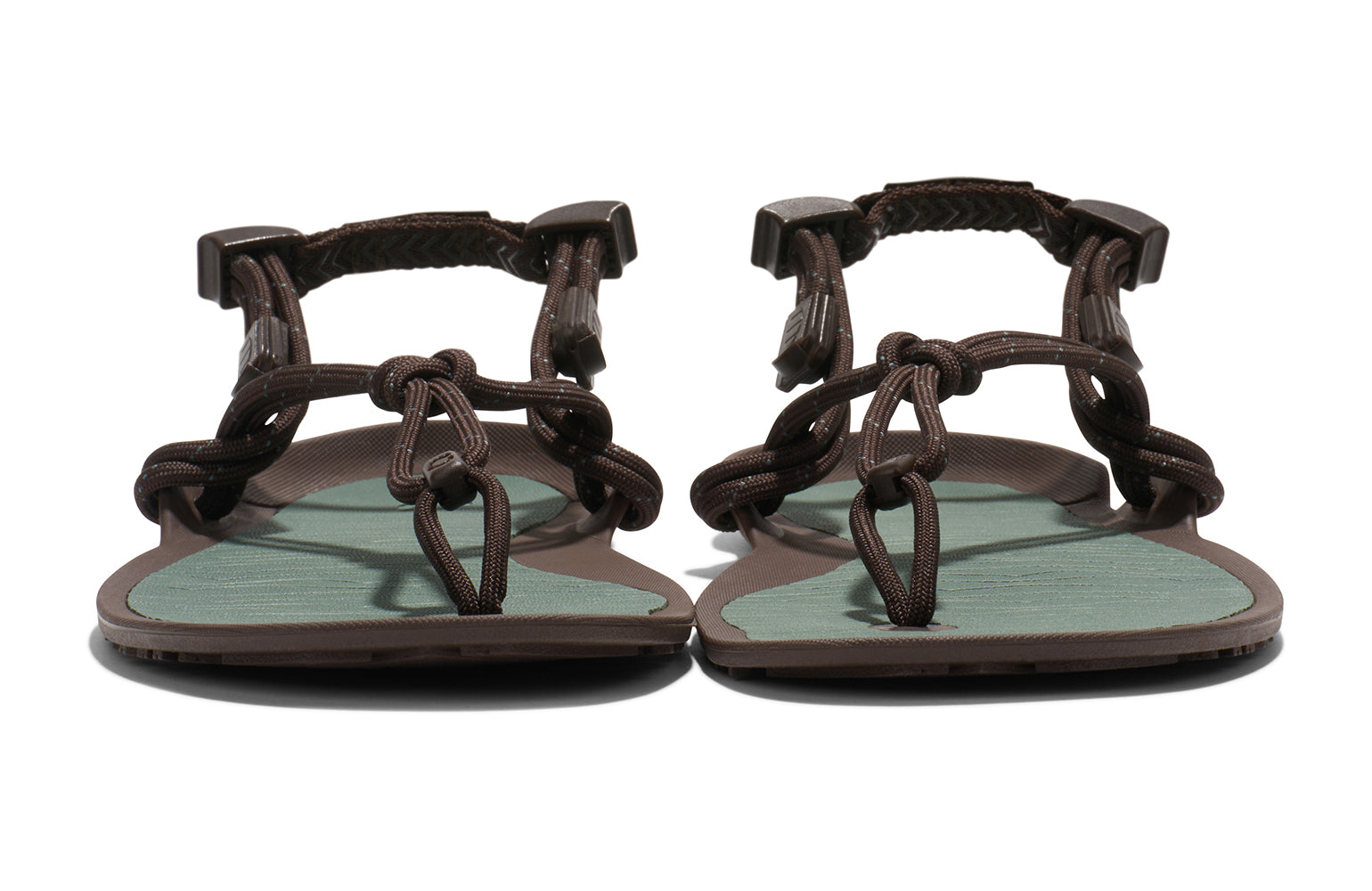 Xero Shoes Canada, specifically men’s barefoot shoes Canada. These minimalist shoes have flexible soles, wide toe boxes, and zero drop. Front view of Xero Men's Aqua Cloud in Java Brown/Dark Forest. Versatile water sport and hiking sandal. 
