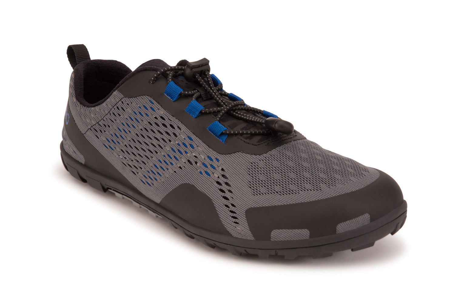 Xero Shoes Canada, specifically barefoot hiking shoes Canada. These minimalist shoes have flexible soles, wide toe boxes, and zero drop. Angled view of Xero Men's Aqua X Sport in Steel Gray/Blue. Water friendly road and trail shoe. 