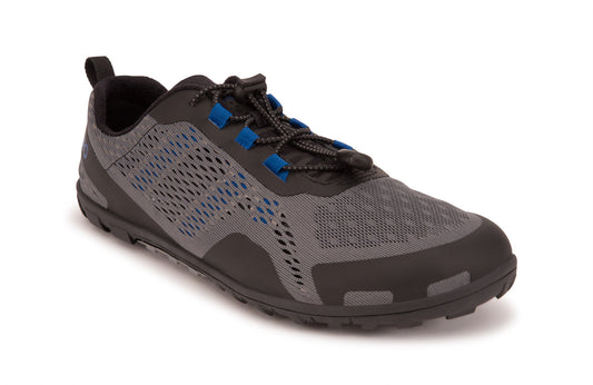 Xero Shoes Canada, specifically barefoot hiking shoes Canada. These minimalist shoes have flexible soles, wide toe boxes, and zero drop. Angled view of Xero Men's Aqua X Sport in Steel Gray/Blue. Water friendly road and trail shoe. 